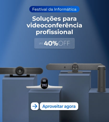Banner Festival da Informática com equipamentos de videoconferência; oferta de até 40% OFF..